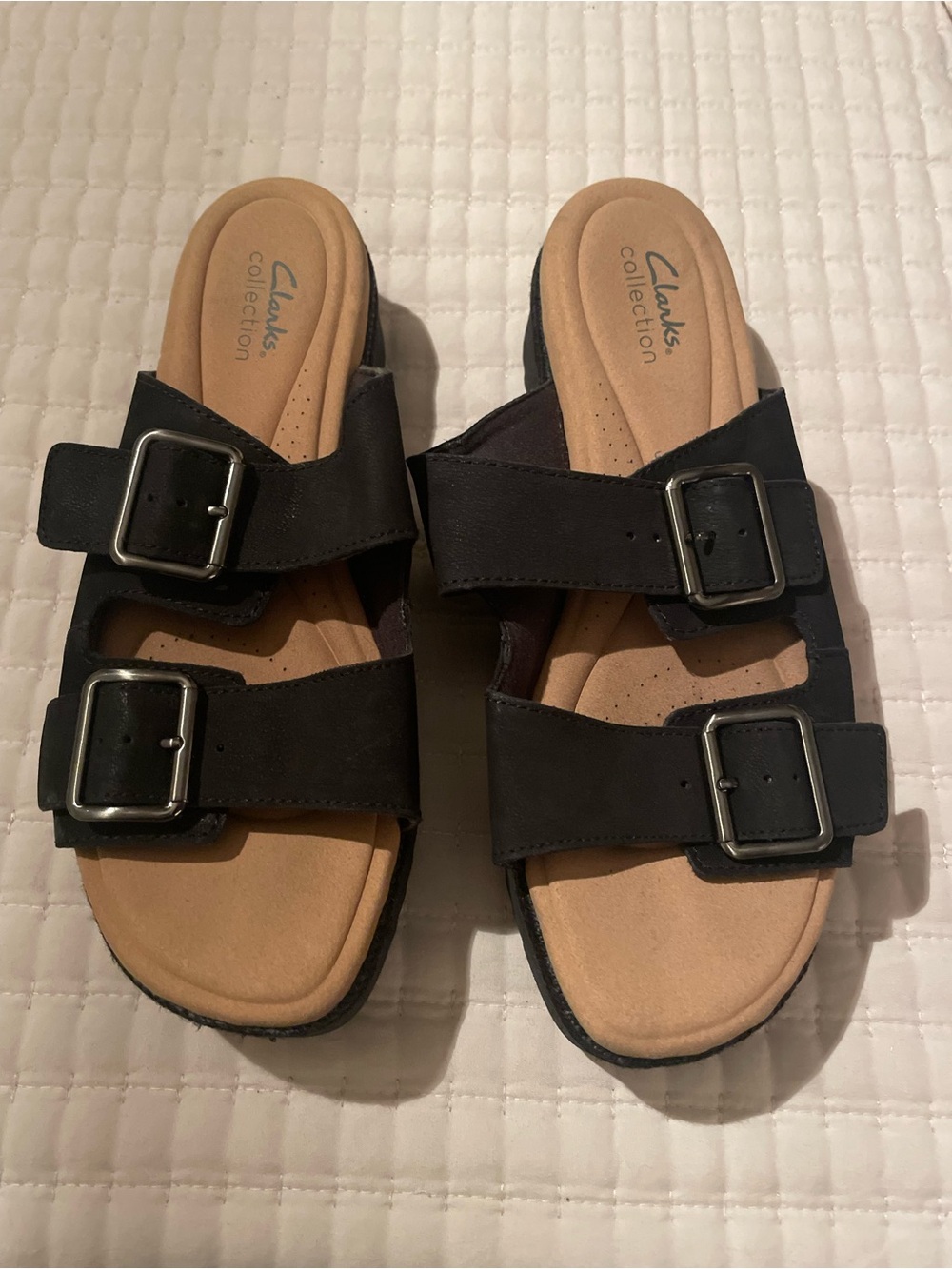 Clarks Black Double-Buckle Slide Sandals
